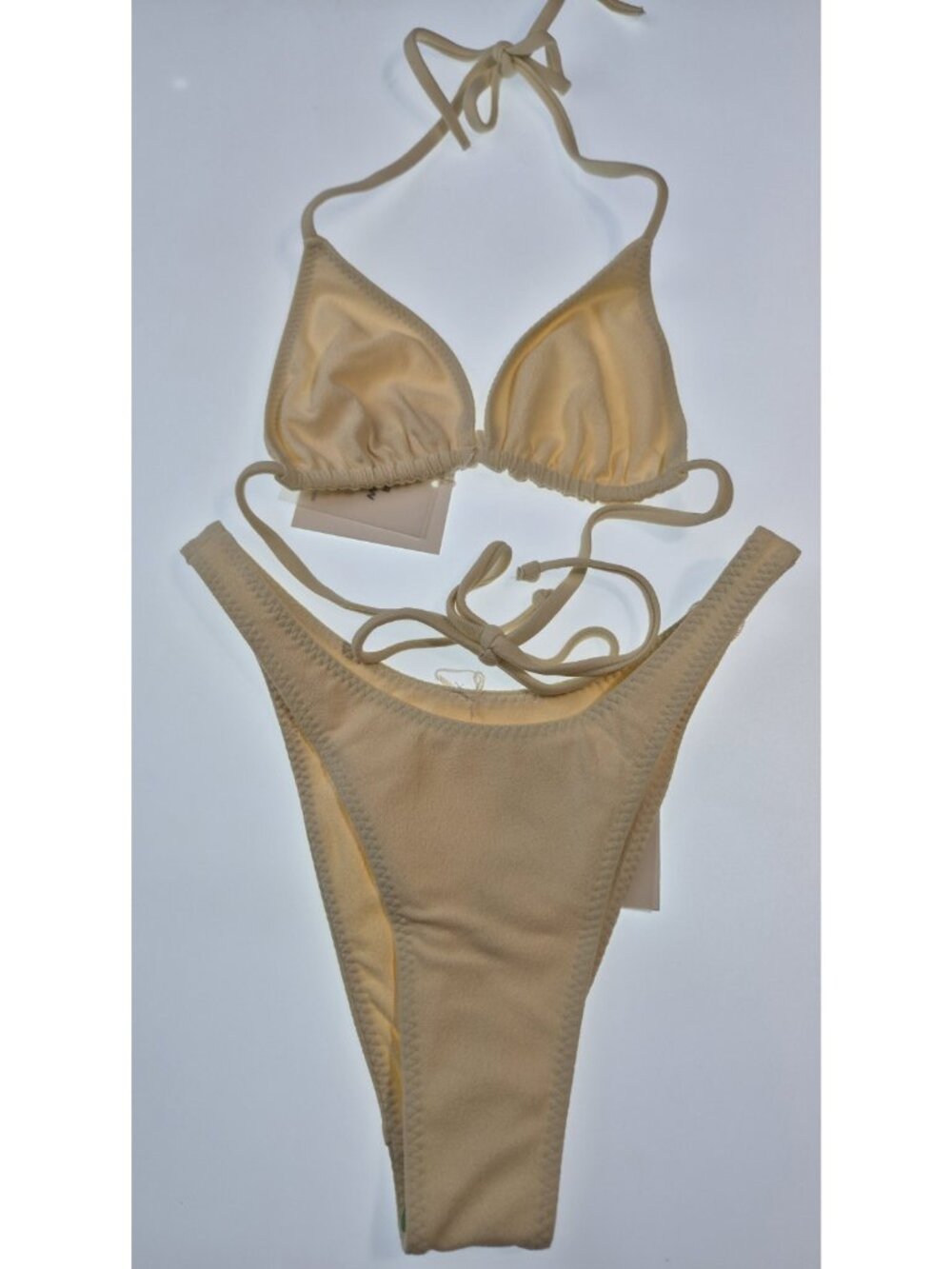 "SAME Los Angeles Faux Suede Bikini Set Beige Cream Triangle Top XXS  NWT"